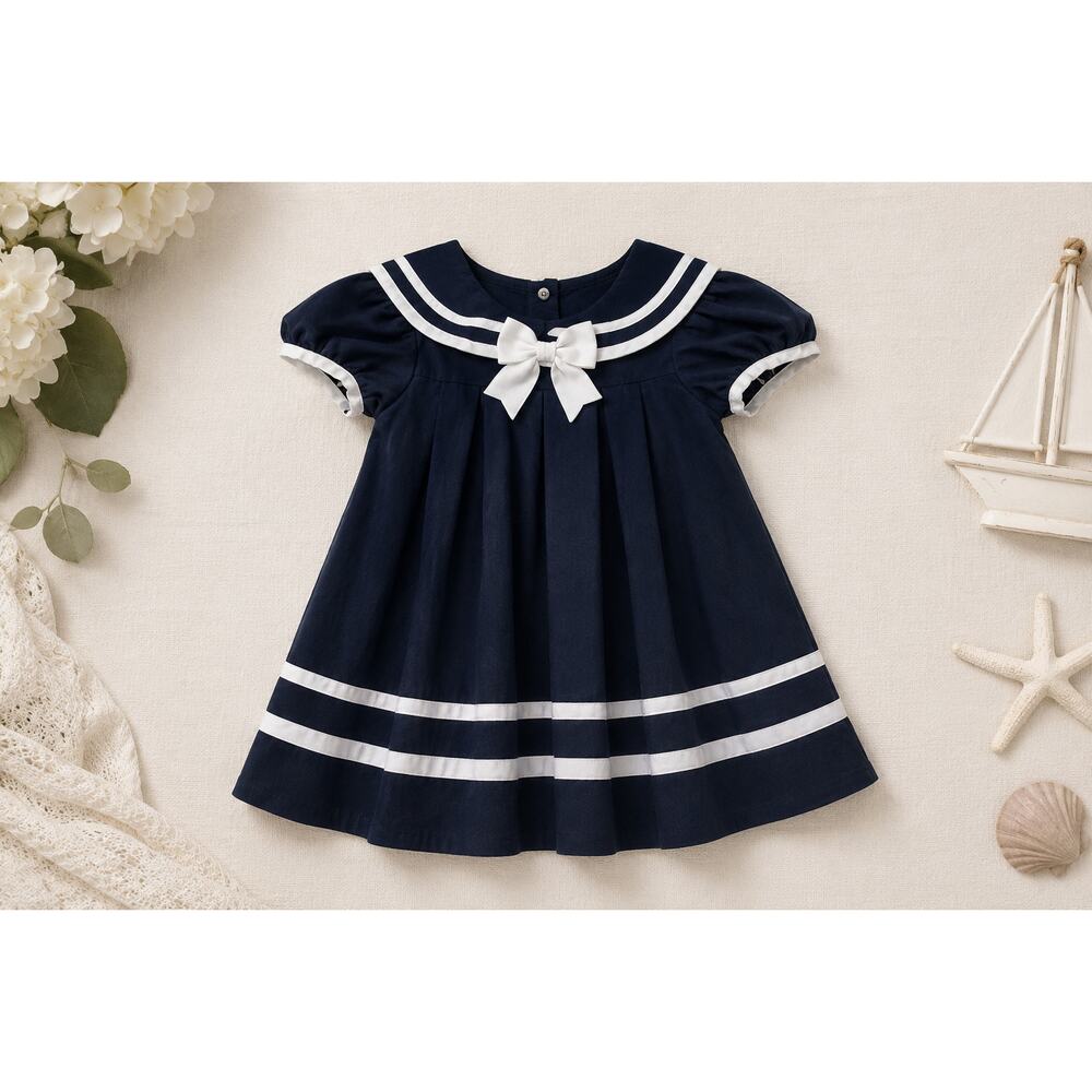 Rare Editions Sailor Dress 24M Navy White Nautical Puff Sleeve Party